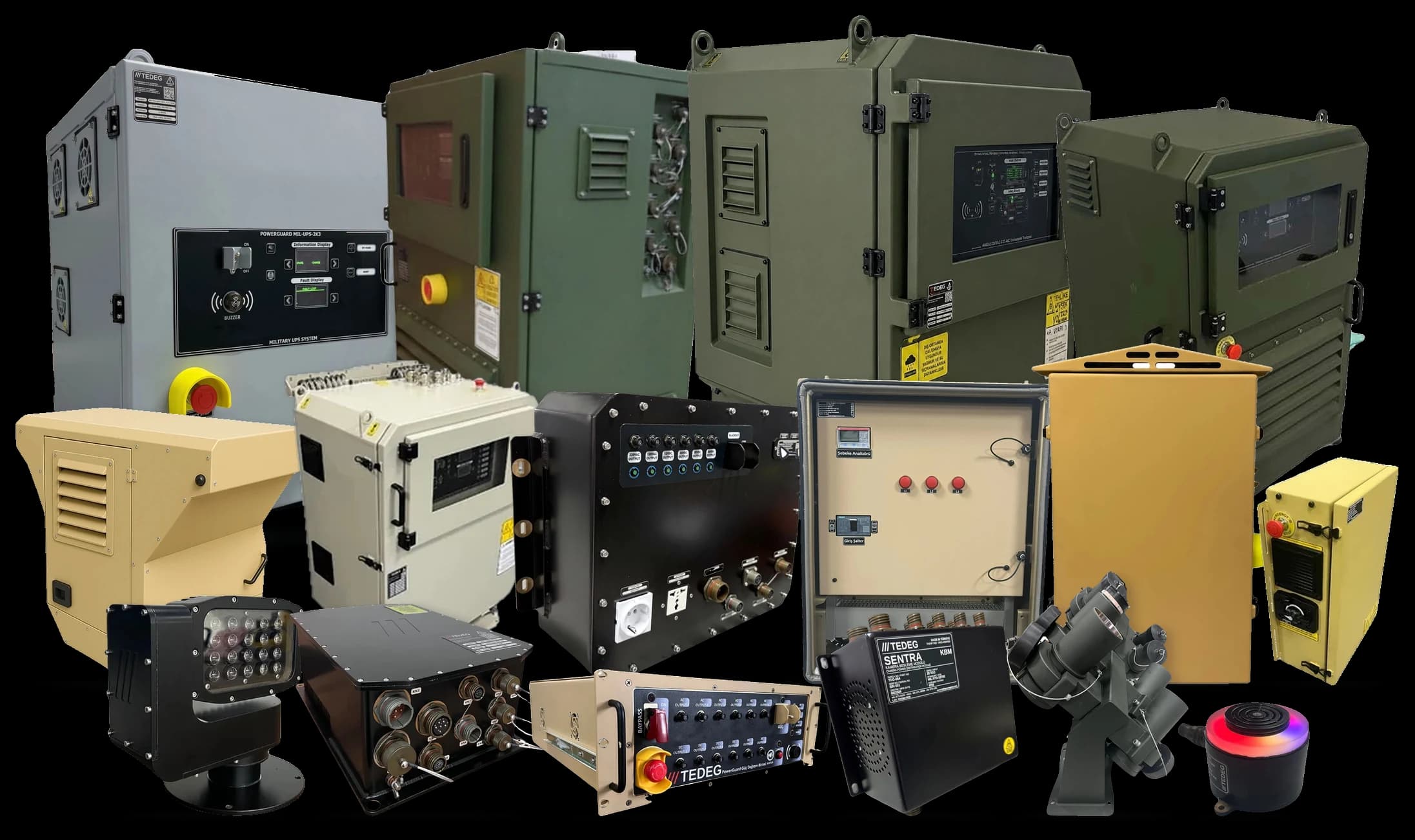 TEDEG Defence product family: military power distribution units, frequency converters, power converters, auxiliary power units, vetronics and tactical systems