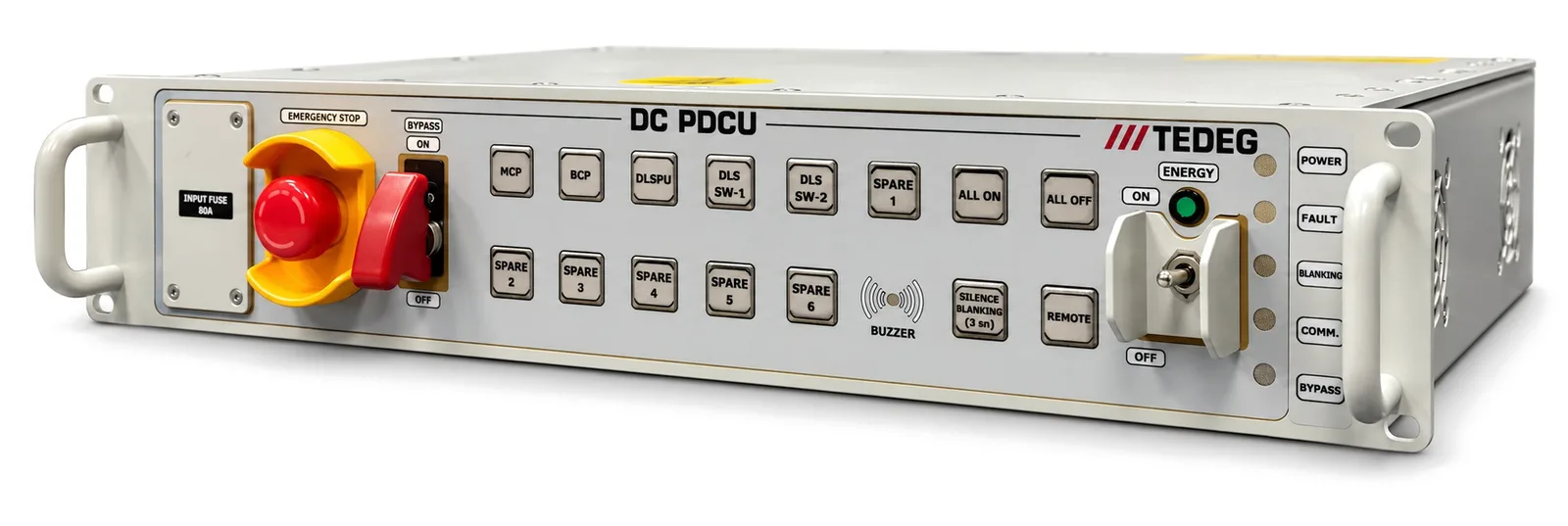 DC-PDCU-11 solid-state güç dağıtım birimi — ön panel, çapraz görünüş