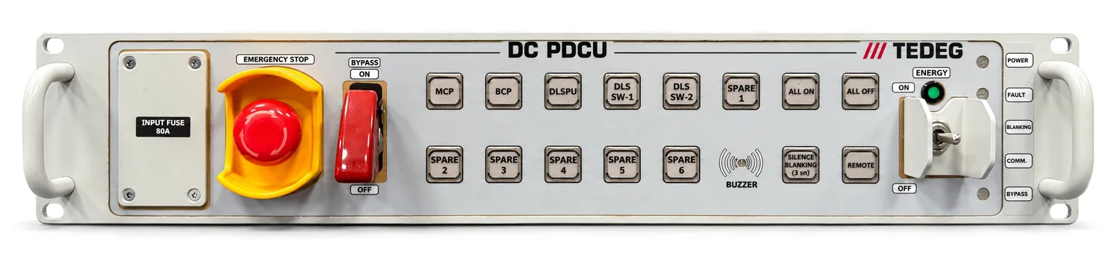 DC-PDCU-11 ön panel — acil durdurma, bypass anahtarı, 11 kanal butonu, ENERGY anahtarı ve durum LED'leri