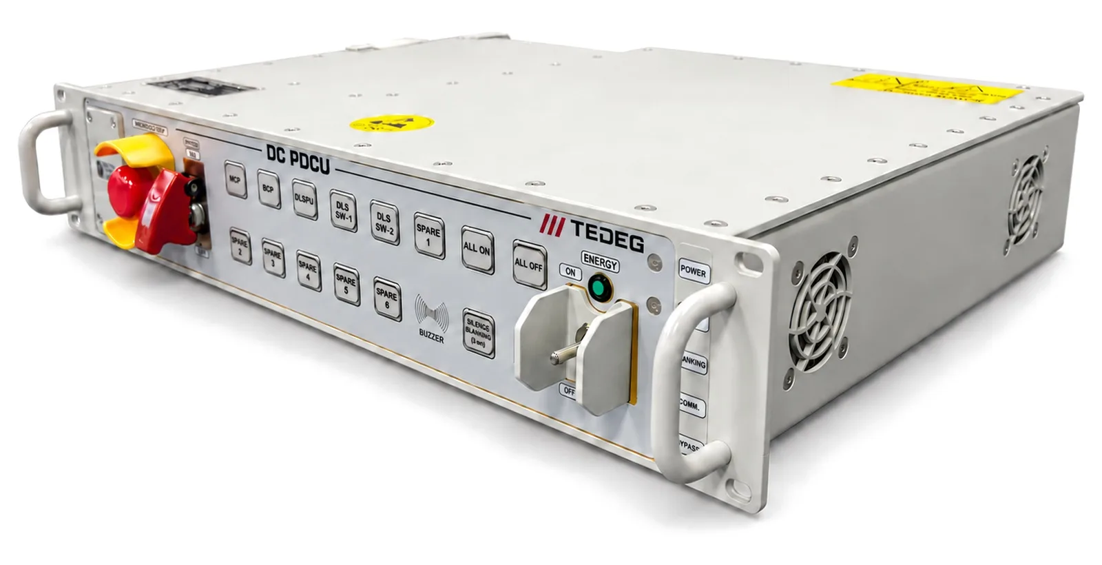 PowerGuard DC-PDCU-11 28 VDC rack PDU — yan havalandırmalı sağ ön perspektif