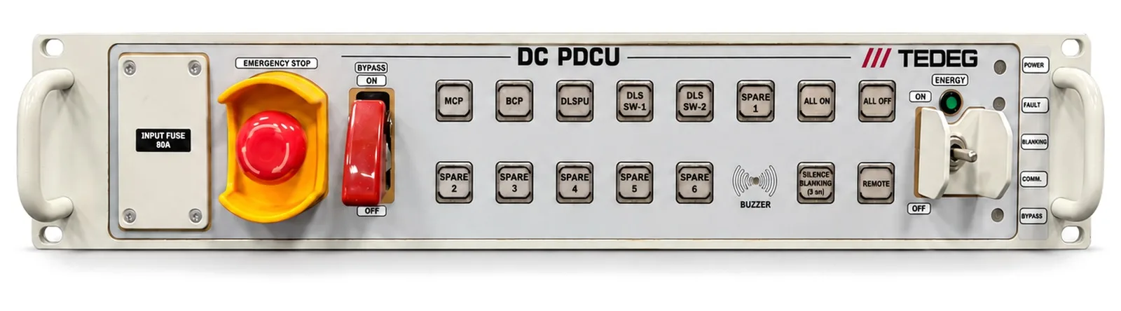 DC-PDCU-11 19 inç 2U ön görünüş, rack kulakları ve tutamaklar