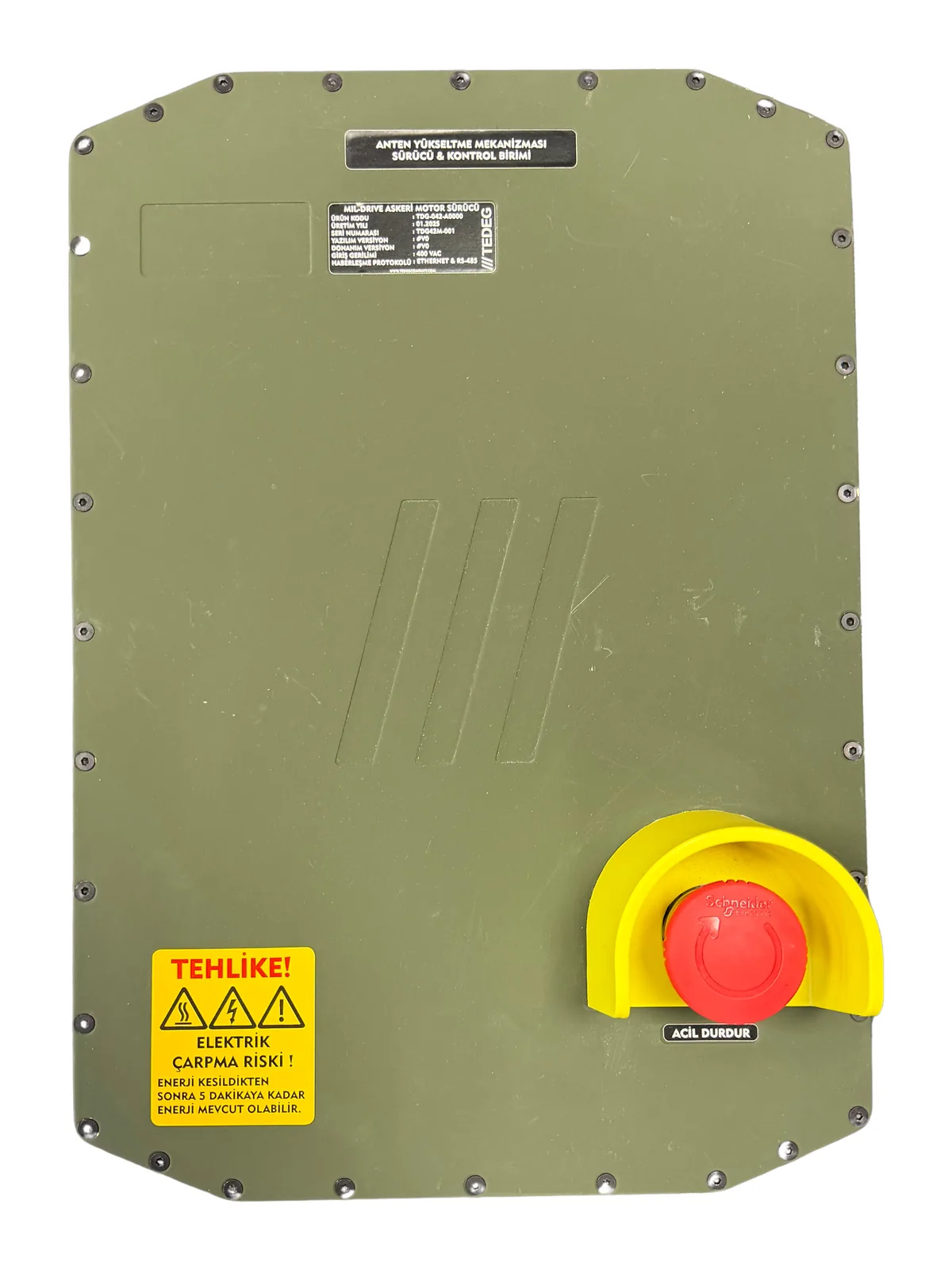 Mil-Drive MCU-400 — منظر علوي مع زر إيقاف الطوارئ وملصق التحذير