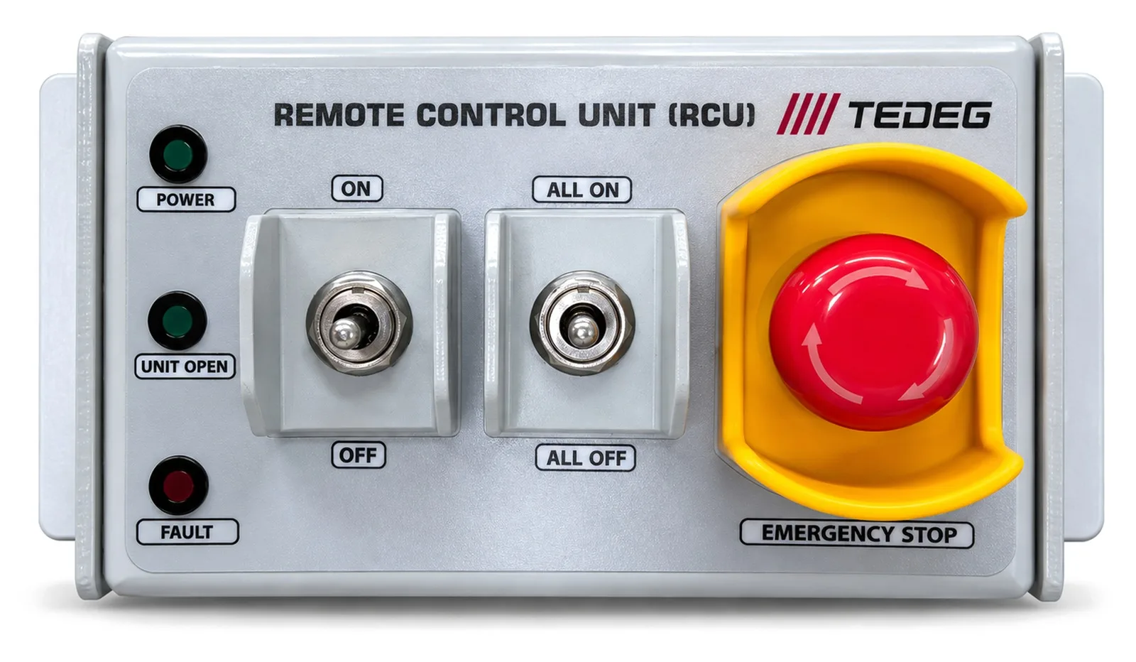 الوجه الأمامي لـ RCU-01 — مؤشرات POWER وUNIT OPEN وFAULT، ومفتاحا ON/OFF وALL ON/ALL OFF، والإيقاف الطارئ
