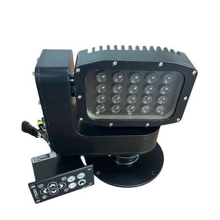 Önüne yatırılmış IP65 uzaktan kumanda ünitesiyle T-Light Searchlight — LED kafa, kablo konnektörleri ve pan-tilt taban