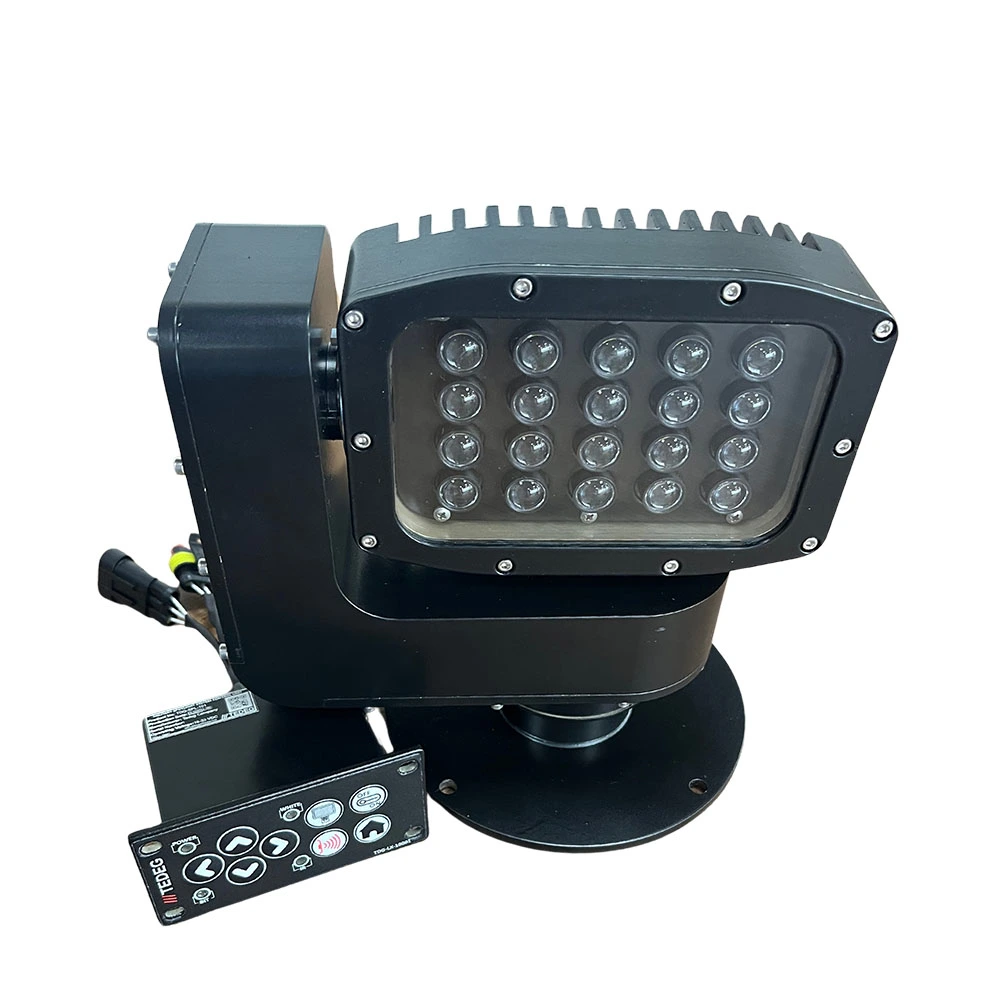 IP65 uzaktan kumanda ünitesiyle T-Light Searchlight — LED kafadaki soğutucu kanatlar ve çataldaki kablo konnektörleri