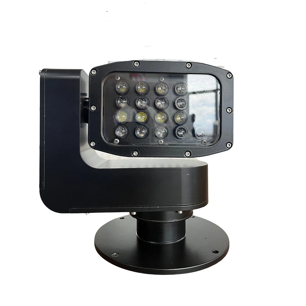 T-Light Searchlight — çatalın üzerindeki sızdırmaz LED kafa ve yuvarlak montaj flanşı, tam karşıdan ön görünüm