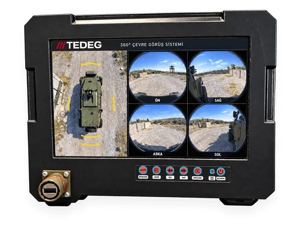 TDG-DSP-101 rugged display — straight front view with bird's-eye and four camera views and OSD keypad