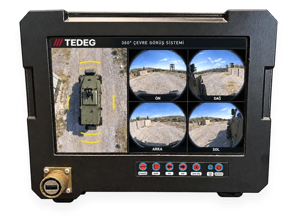TDG-DSP-101 rugged display — slightly tilted front view with OSD keypad and circular front USB connector