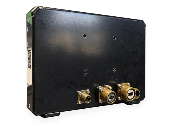 TDG-DSP-101 rugged display — rear panel with power, USB and HDMI circular connectors and VESA holes