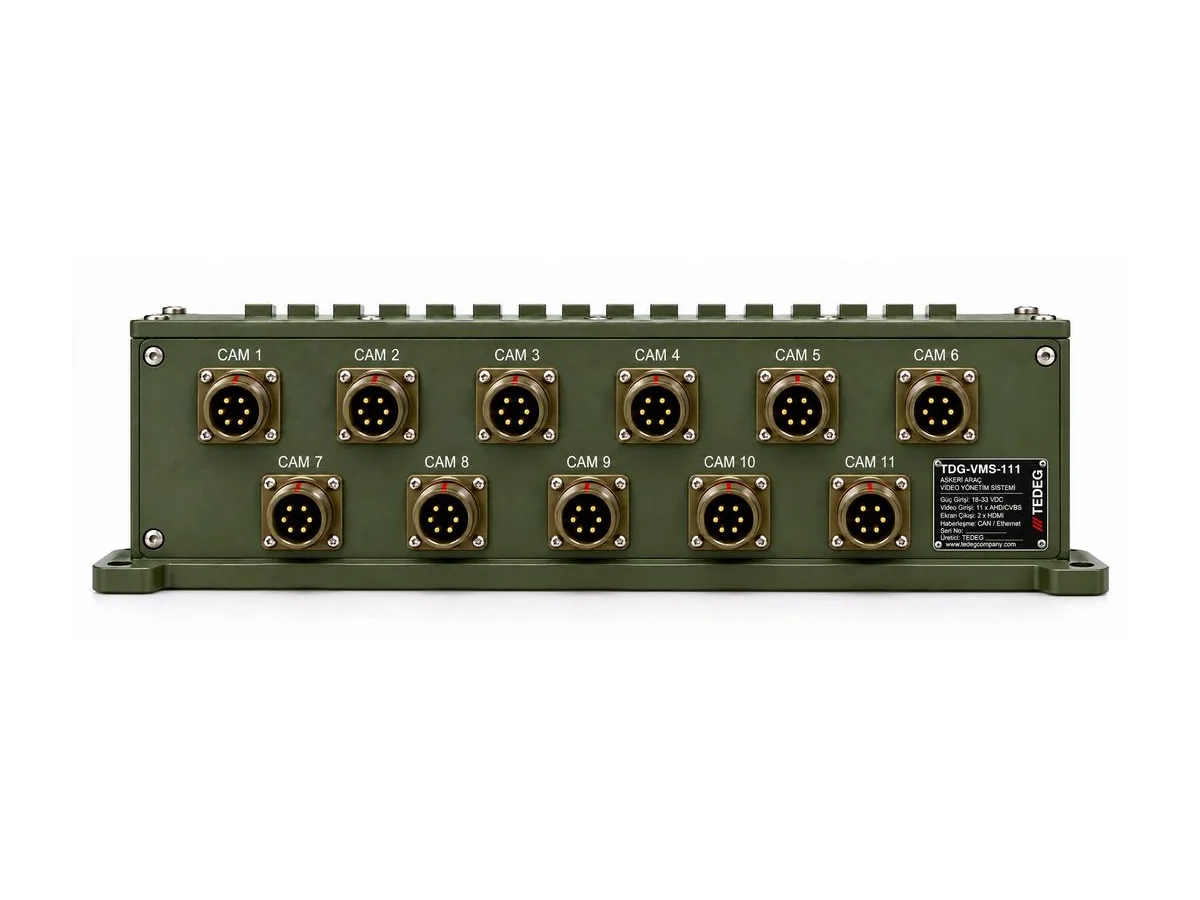 الوجه الأمامي لوحدة TDG-VMS-111 — مداخل الكاميرات من CAM 1 إلى CAM 11 على موصلات MIL-DTL-38999، ولوحة التعريف
