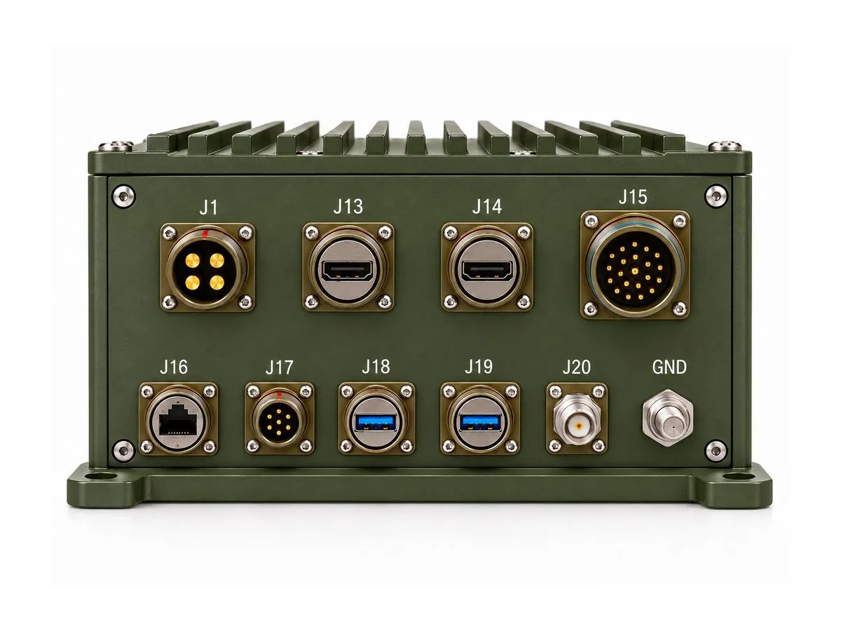 الوجه الجانبي لوحدة TDG-VMS-111 — توصيلات الطاقة ومخرجَي HDMI وواجهة المركبة وEthernet وUSB وهوائي GPS والتأريض